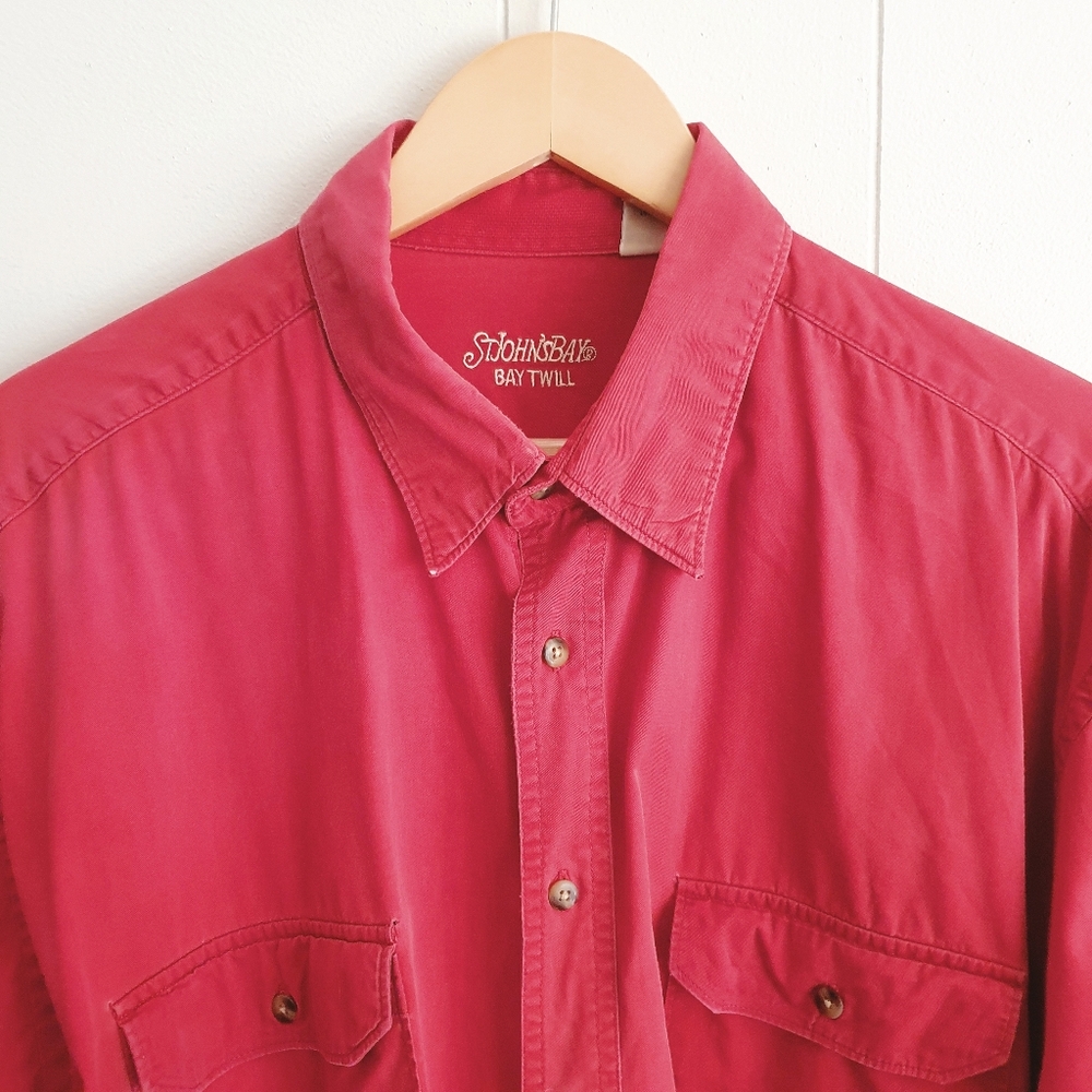 St. John's Bay Bay Twill Button Up Shirt | Cotton | Classic Red | Size XL